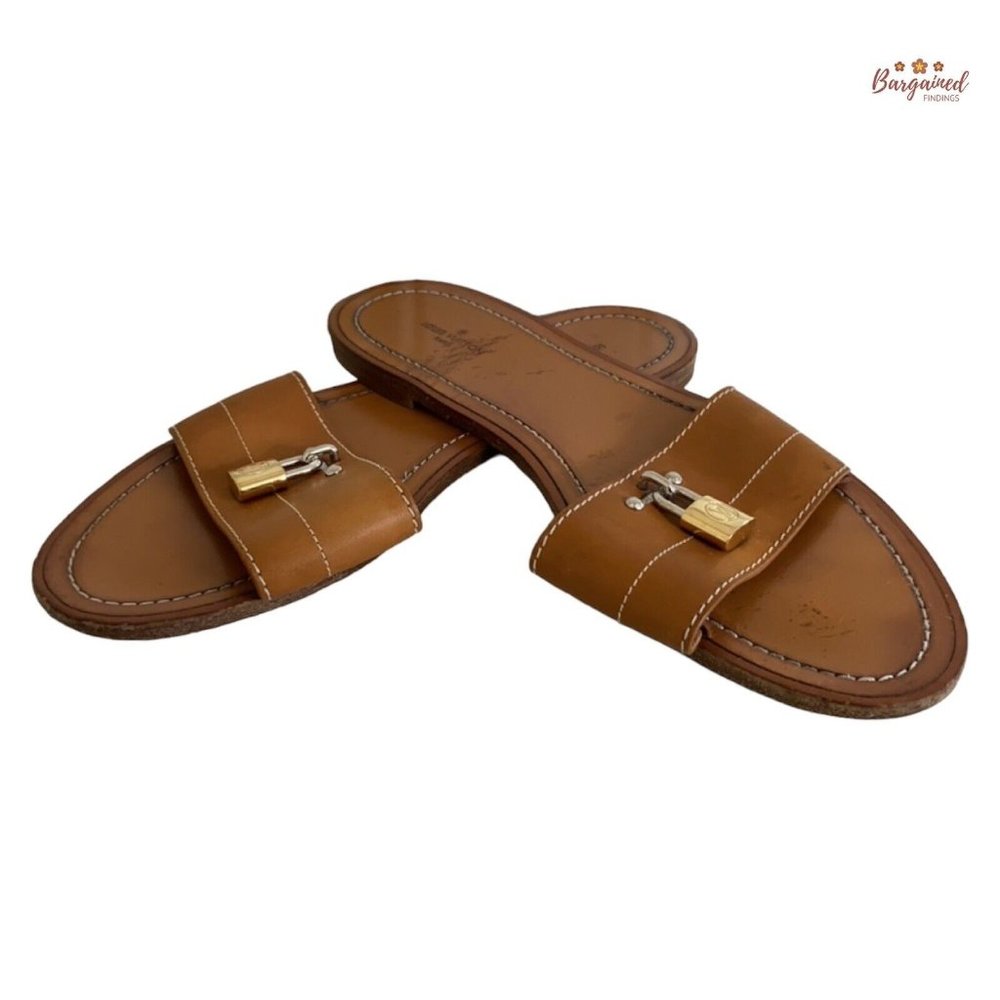 Authentic Louis Vuitton Brown Leather Lock It Flat Slides Sandals Size 40/10